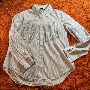 Women’s Zara Fringe Poplin Button Up Top in Stripe sz L Black White Long Sleeve